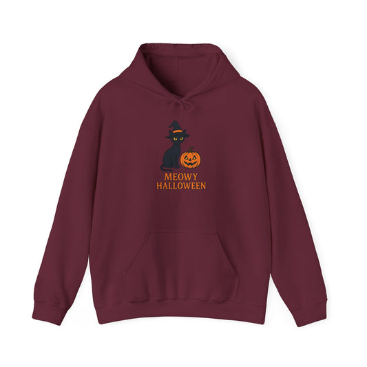Meowy Halloween Cat Hoodie | Unisex Heavy Blend Hooded Sweatshirt | Halloween Apparel | Spooky Season Gift | Cozy Cat Lover Hooded Sweater