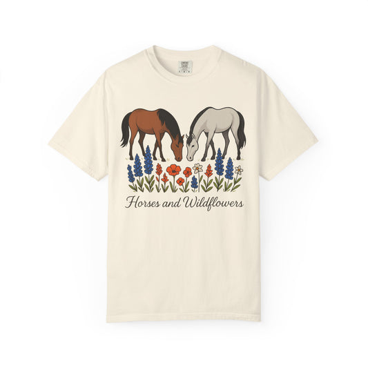 Horses and Wildflowers T-Shirt | Unisex Garment-Dyed Tee, Horse Lover Gift, Nature Apparel, Boho Style Shirt, Farm Life Fashion