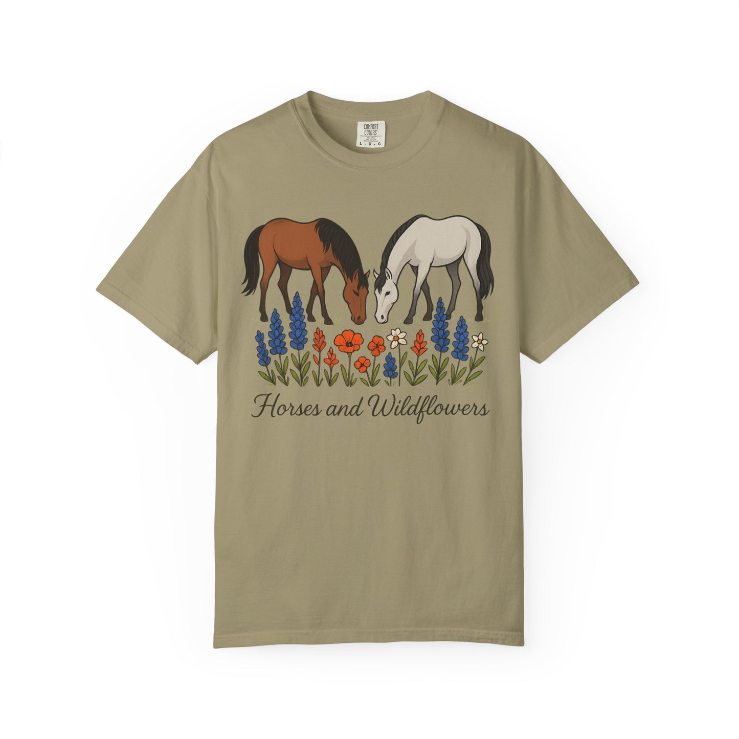 Horses and Wildflowers T-Shirt | Unisex Garment-Dyed Tee, Horse Lover Gift, Nature Apparel, Boho Style Shirt, Farm Life Fashion