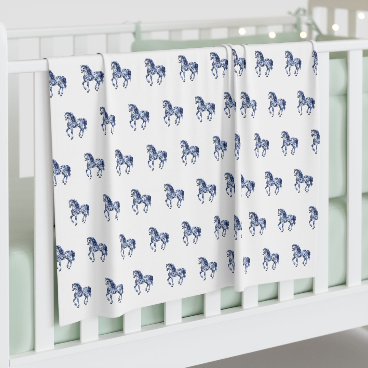 Blue "Porcelain Pony" Baby Swaddle Blanket - Soft Jersey for Newborns