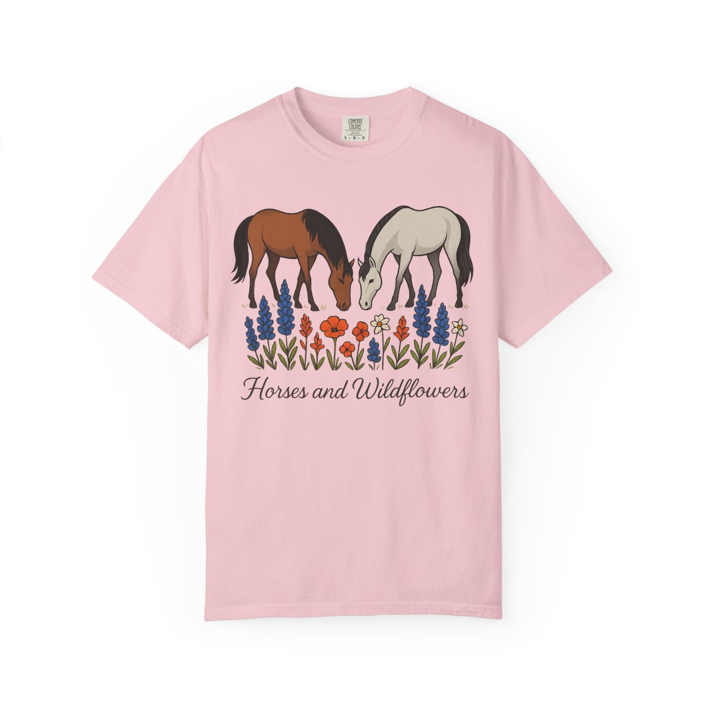 Horses and Wildflowers T-Shirt | Unisex Garment-Dyed Tee, Horse Lover Gift, Nature Apparel, Boho Style Shirt, Farm Life Fashion