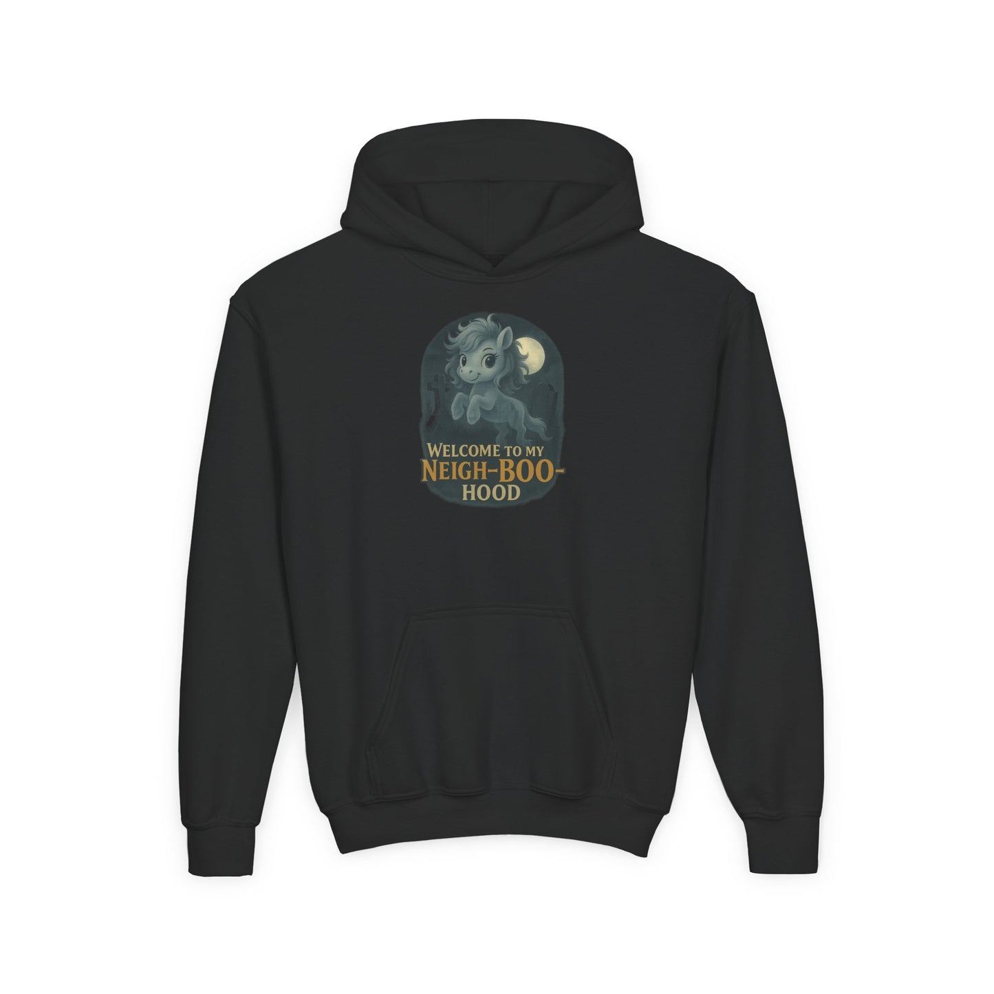 Youth Ghost Pony Graveyard Hoodie - Welcome to My Neigh-Boo-Hood, Spooky Hooded Sweatshirt, Trick or Treat, Fall Fashion, Kids Costume Wear
