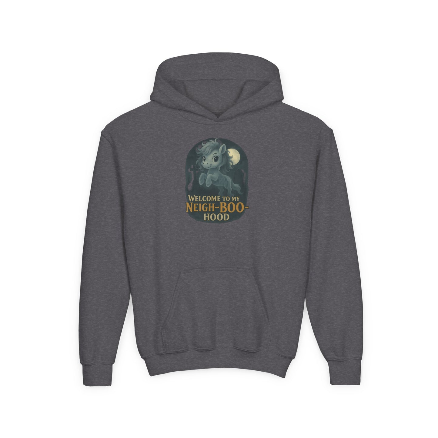 Youth Ghost Pony Graveyard Hoodie - Welcome to My Neigh-Boo-Hood, Spooky Hooded Sweatshirt, Trick or Treat, Fall Fashion, Kids Costume Wear