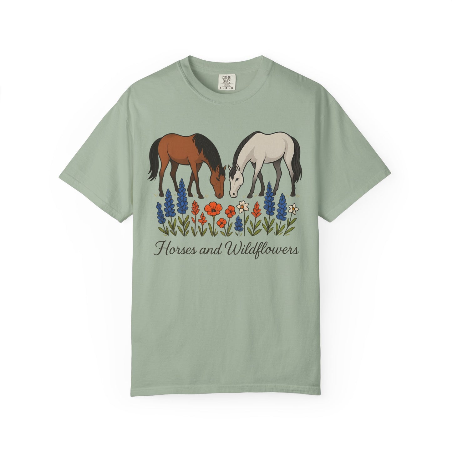 Horses and Wildflowers T-Shirt | Unisex Garment-Dyed Tee, Horse Lover Gift, Nature Apparel, Boho Style Shirt, Farm Life Fashion