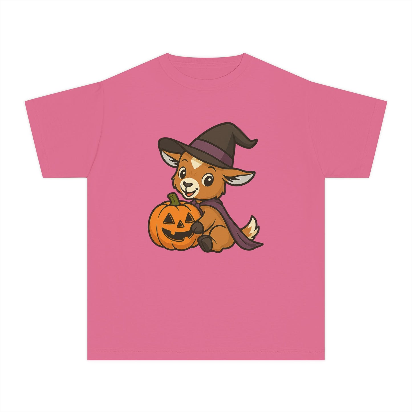 Youth Halloween 5 - Witchy Kid with Pumpkin Shirt | Cute Kid Pumpkin Tee | Kids Witch Hat T-Shirt | School Halloween Party Outfit