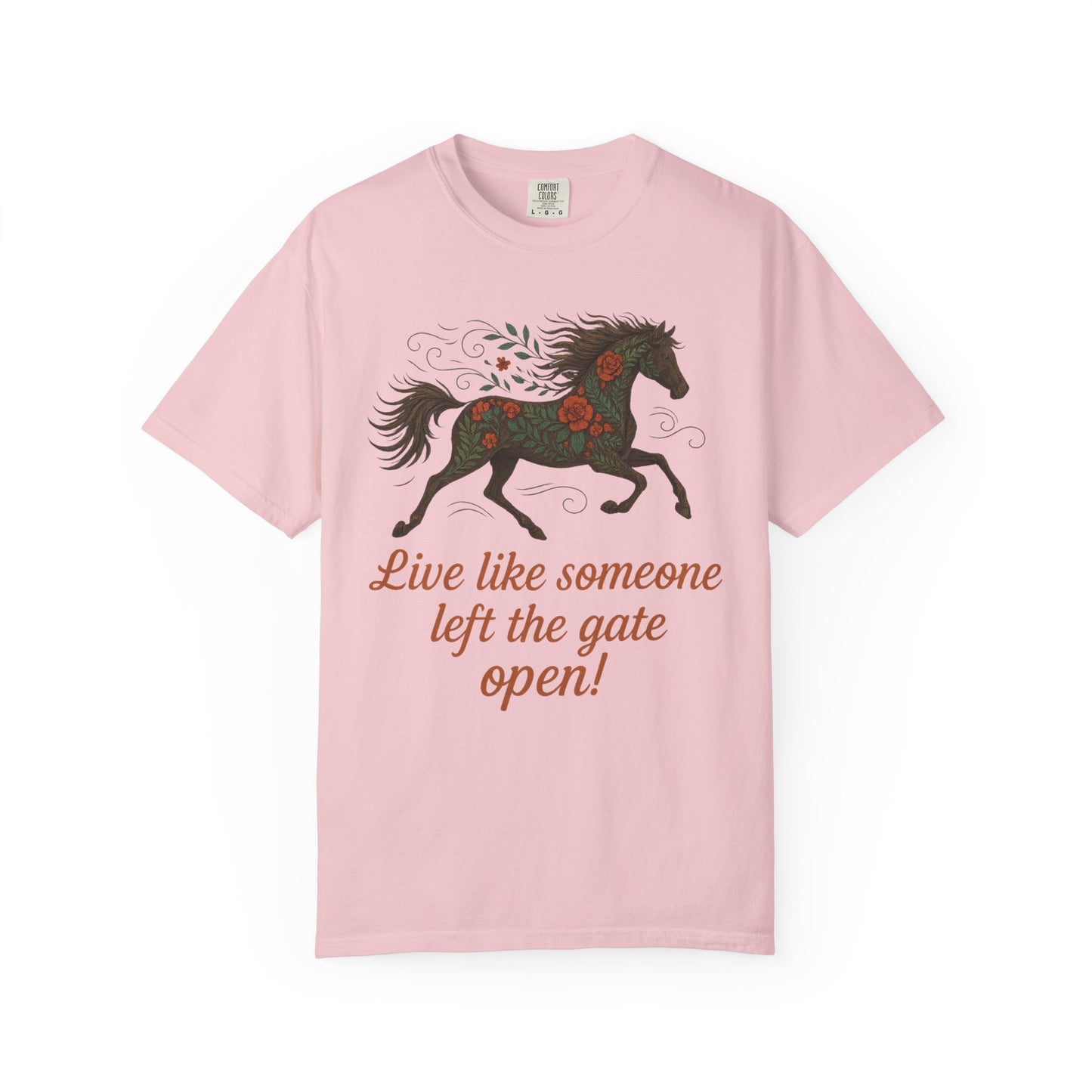 Gates Open Flower Horse T-Shirt | Cozy Casual Tee | Horse Lover Clothing