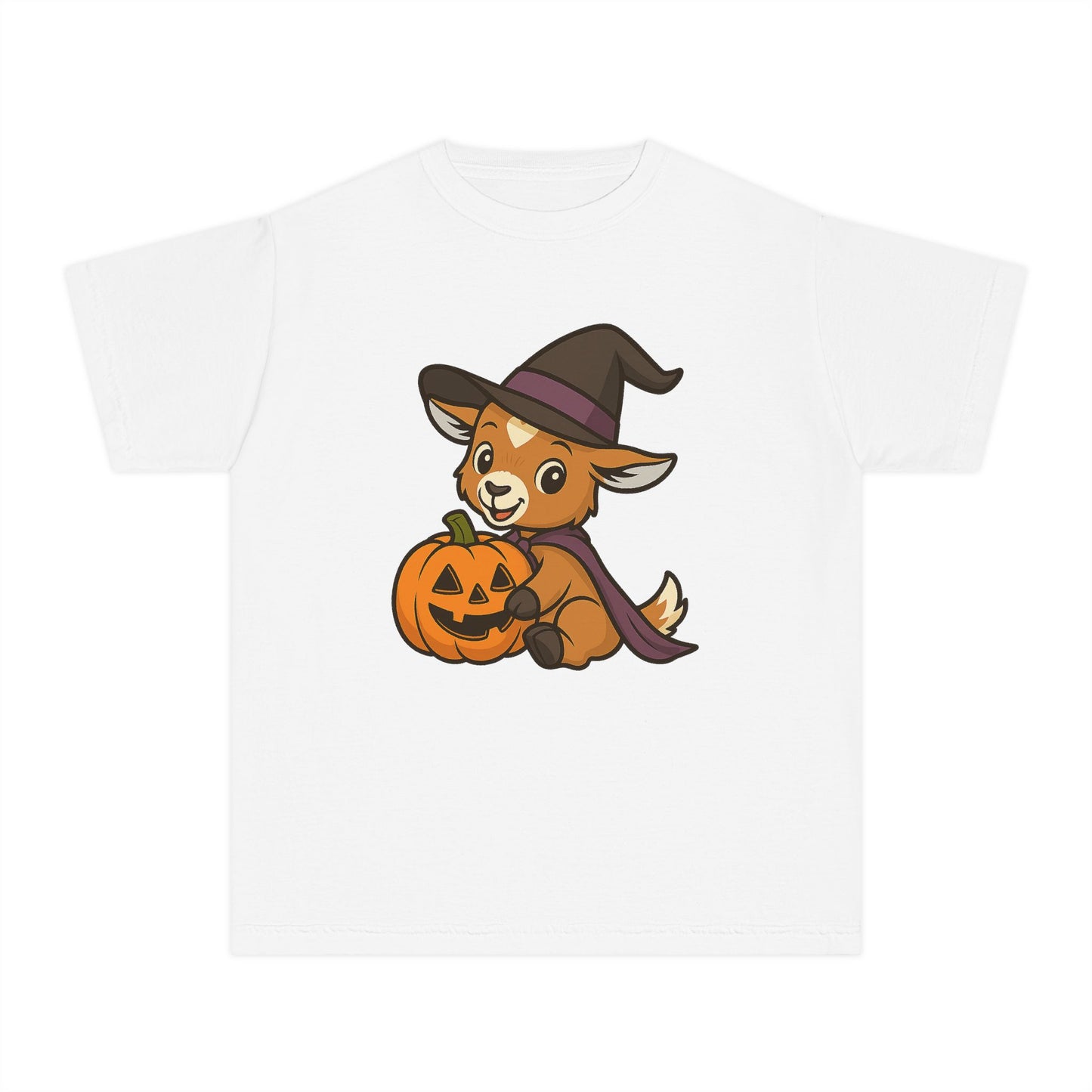 Youth Halloween 5 - Witchy Kid with Pumpkin Shirt | Cute Kid Pumpkin Tee | Kids Witch Hat T-Shirt | School Halloween Party Outfit