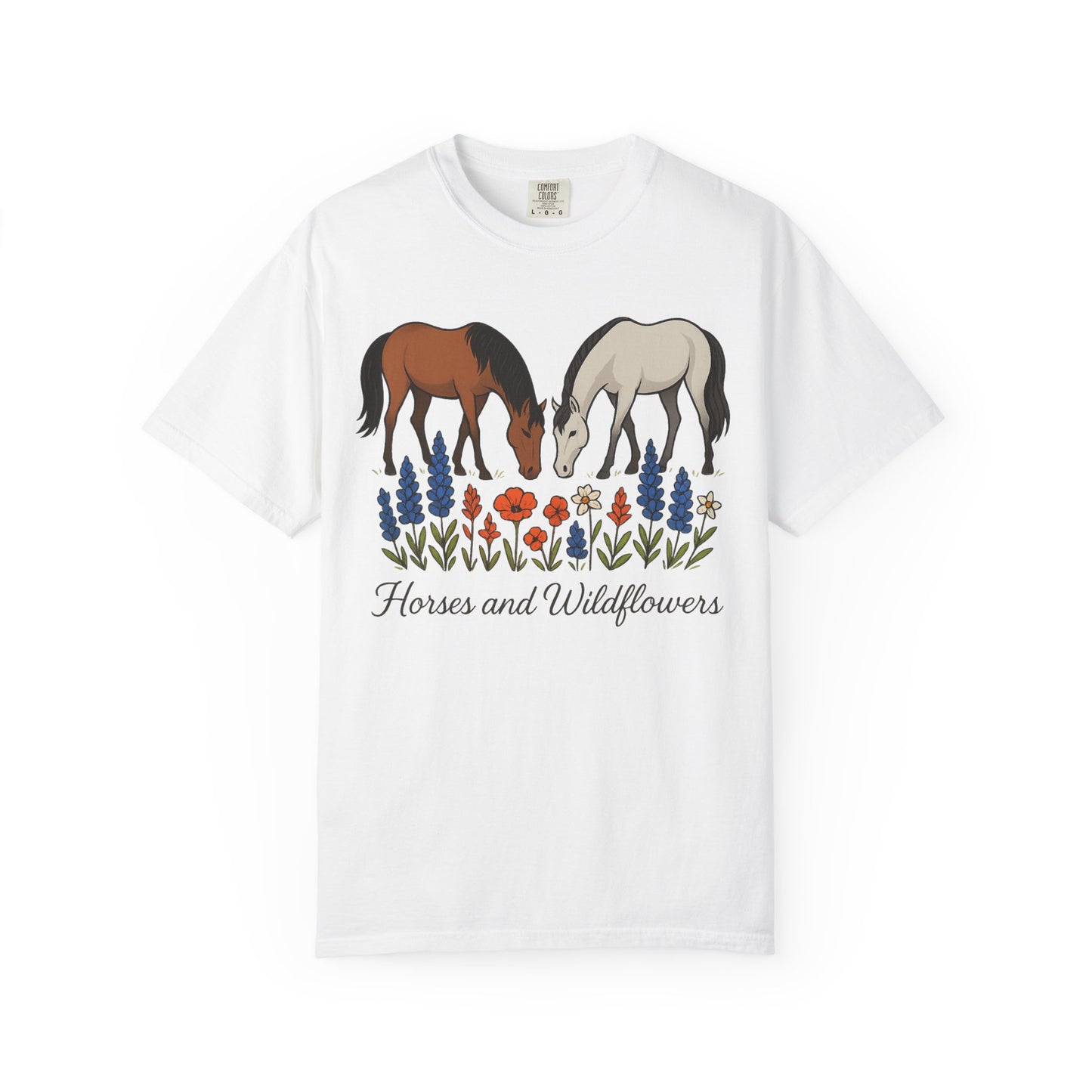 Horses and Wildflowers T-Shirt | Unisex Garment-Dyed Tee, Horse Lover Gift, Nature Apparel, Boho Style Shirt, Farm Life Fashion