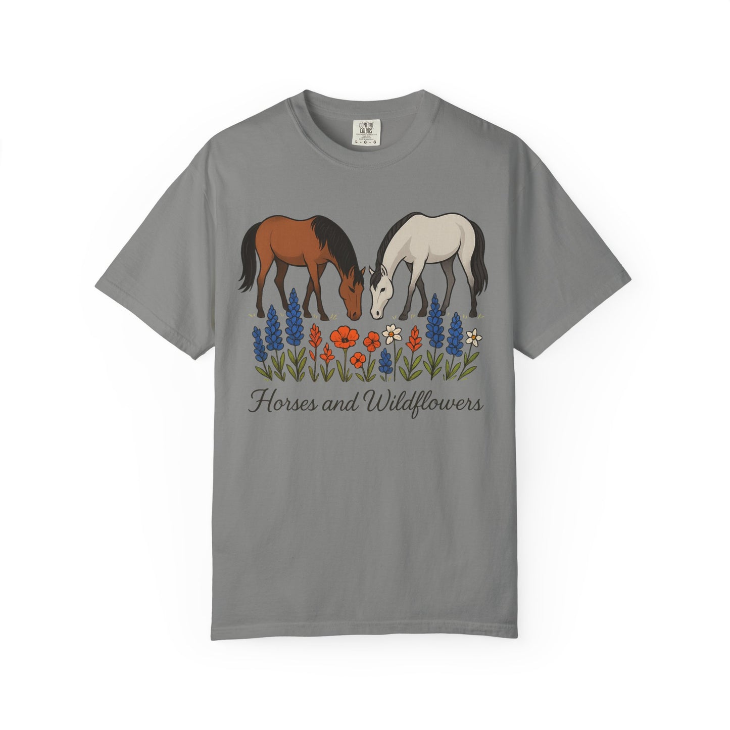 Horses and Wildflowers T-Shirt | Unisex Garment-Dyed Tee, Horse Lover Gift, Nature Apparel, Boho Style Shirt, Farm Life Fashion