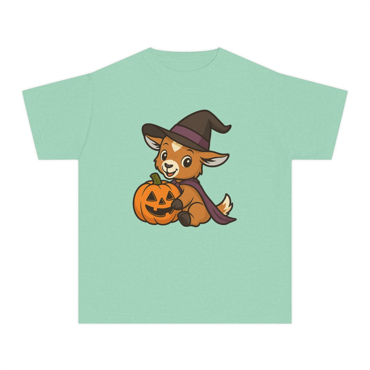 Youth Halloween 5 - Witchy Kid with Pumpkin Shirt | Cute Kid Pumpkin Tee | Kids Witch Hat T-Shirt | School Halloween Party Outfit