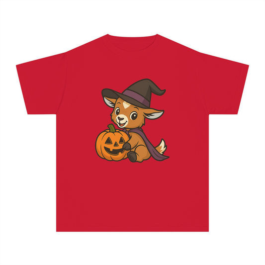 Youth Halloween 5 - Witchy Kid with Pumpkin Shirt | Cute Kid Pumpkin Tee | Kids Witch Hat T-Shirt | School Halloween Party Outfit