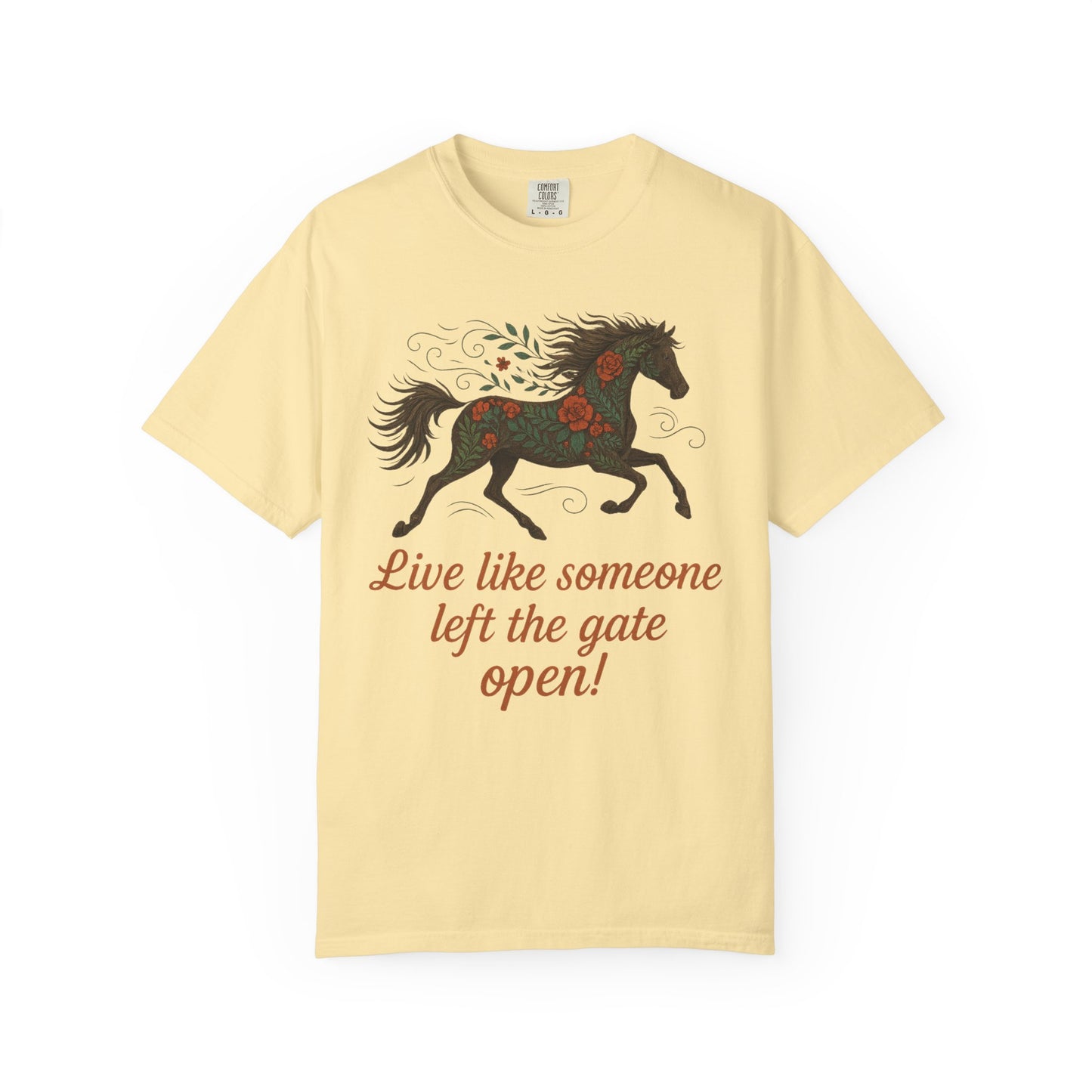 Gates Open Flower Horse T-Shirt | Cozy Casual Tee | Horse Lover Clothing