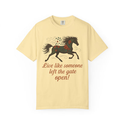 Gates Open Flower Horse T-Shirt | Cozy Casual Tee | Horse Lover Clothing
