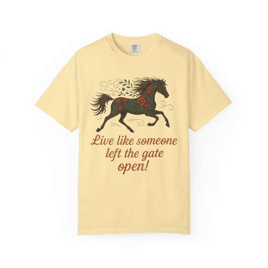 Gates Open Flower Horse T-Shirt | Cozy Casual Tee | Horse Lover Clothing