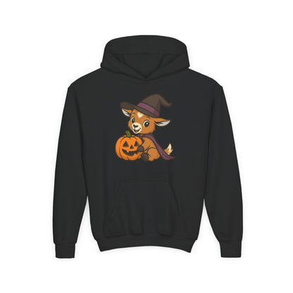 Youth Halloween 5 - Witchy Kid with Pumpkin Hoodie | Kids Witch Pullover | Cozy Pumpkin Hooded Sweatshirt