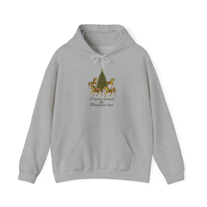 Prancin' Around the Christmas Tree Hoodie | Christmas Tree Carousel Hooded Sweatshirt | Cozy Holiday Clothing