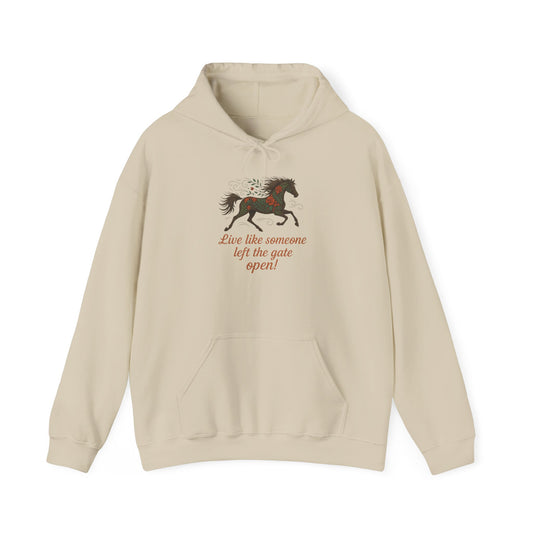 Gates Open Flower Horse Hoodie | Vintage Horse Graphic Top | Outdoor Hooded Sweatshirt | Cozy Winter Clothing