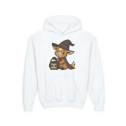 Youth Halloween 1 - Witchy Trick or Treat Kid Hoodie | Cute Prancer Witch Hooded Sweatshirt | Kids Trick or Treat Pullover | Cozy Pumpkin Patch Outfit for Boys and Girls