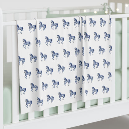 Blue "Porcelain Pony" Baby Swaddle Blanket - Soft Jersey for Newborns