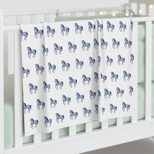 Blue "Porcelain Pony" Baby Swaddle Blanket - Soft Jersey for Newborns