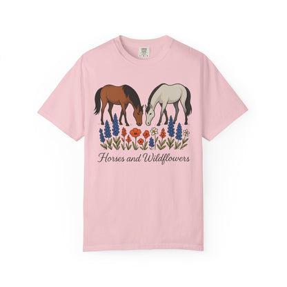 Horses and Wildflowers T-Shirt | Unisex Garment-Dyed Tee, Horse Lover Gift, Nature Apparel, Boho Style Shirt, Farm Life Fashion