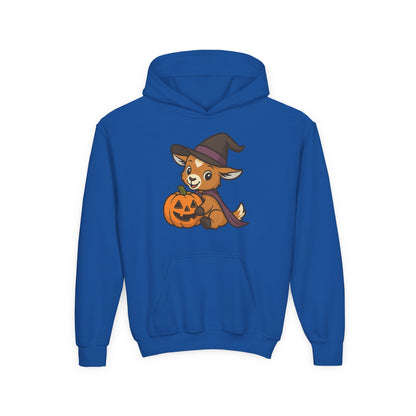 Youth Halloween 5 - Witchy Kid with Pumpkin Hoodie | Kids Witch Pullover | Cozy Pumpkin Hooded Sweatshirt