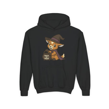 Youth Halloween 1 - Witchy Trick or Treat Kid Hoodie | Cute Prancer Witch Hooded Sweatshirt | Kids Trick or Treat Pullover | Cozy Pumpkin Patch Outfit for Boys and Girls