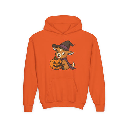 Youth Halloween 5 - Witchy Kid with Pumpkin Hoodie | Kids Witch Pullover | Cozy Pumpkin Hooded Sweatshirt