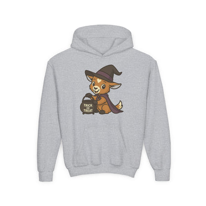 Youth Halloween 1 - Witchy Trick or Treat Kid Hoodie | Cute Prancer Witch Hooded Sweatshirt | Kids Trick or Treat Pullover | Cozy Pumpkin Patch Outfit for Boys and Girls