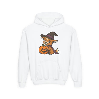 Youth Halloween 5 - Witchy Kid with Pumpkin Hoodie | Kids Witch Pullover | Cozy Pumpkin Hooded Sweatshirt