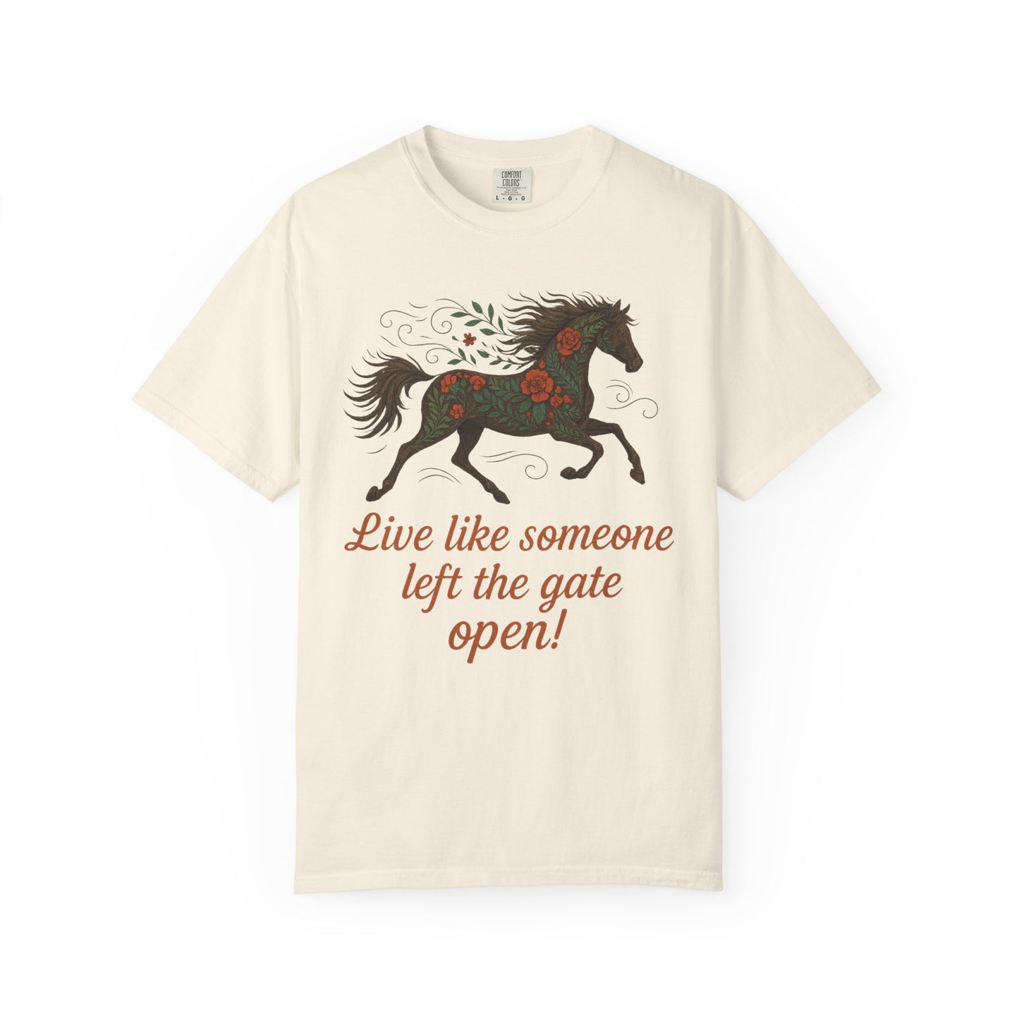 Gates Open Flower Horse T-Shirt | Cozy Casual Tee | Horse Lover Clothing