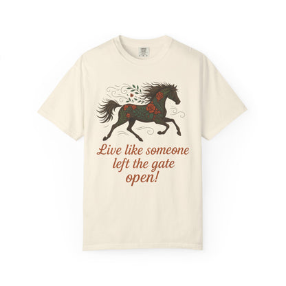 Gates Open Flower Horse T-Shirt | Cozy Casual Tee | Horse Lover Clothing