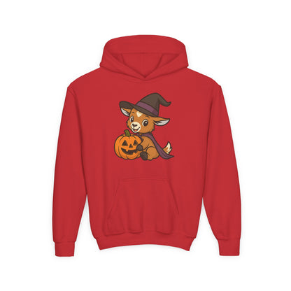 Youth Halloween 5 - Witchy Kid with Pumpkin Hoodie | Kids Witch Pullover | Cozy Pumpkin Hooded Sweatshirt
