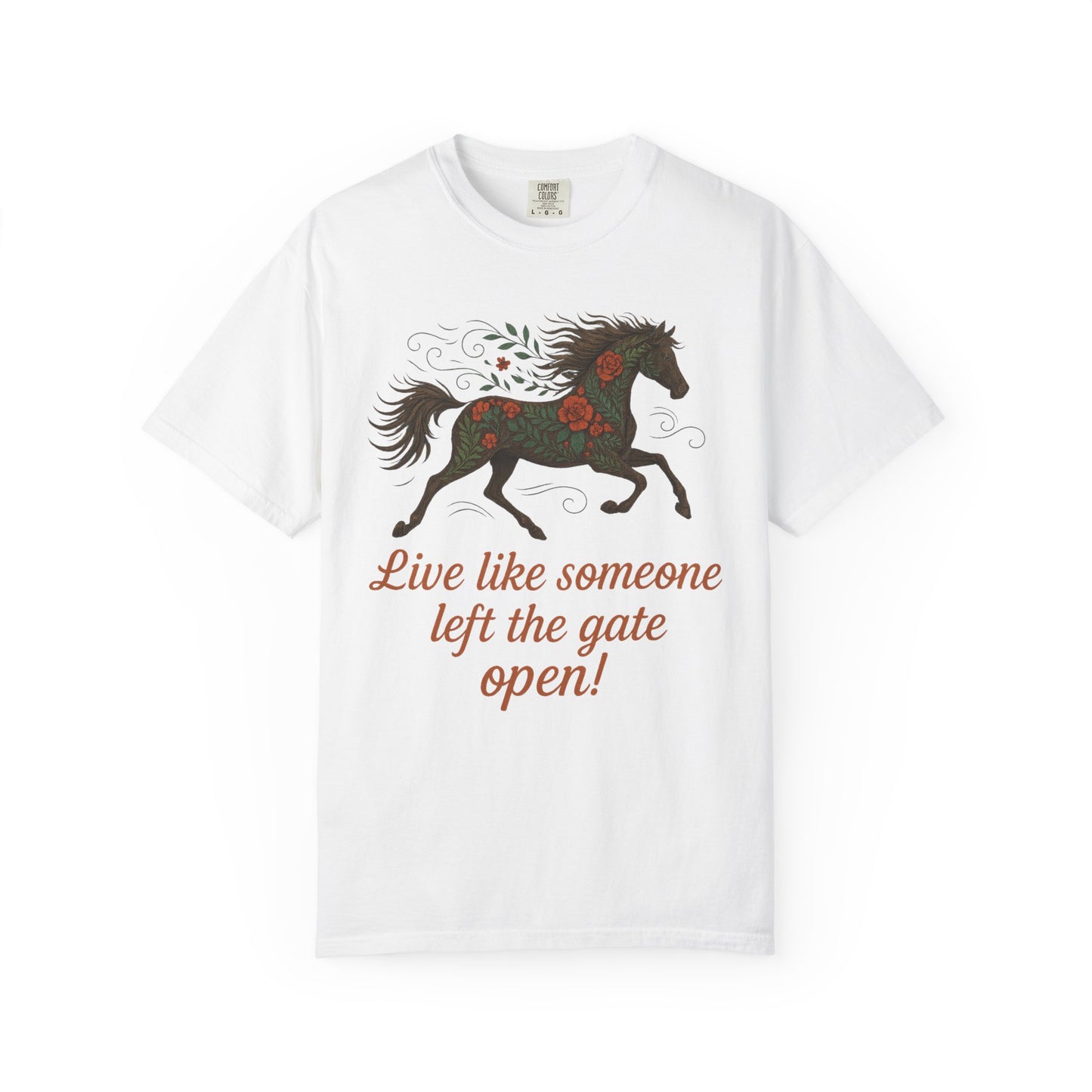 Gates Open Flower Horse T-Shirt | Cozy Casual Tee | Horse Lover Clothing