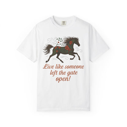 Gates Open Flower Horse T-Shirt | Cozy Casual Tee | Horse Lover Clothing
