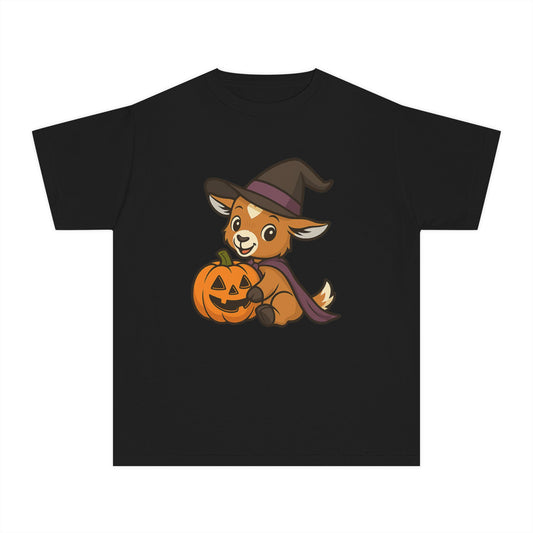 Youth Halloween 5 - Witchy Kid with Pumpkin Shirt | Cute Kid Pumpkin Tee | Kids Witch Hat T-Shirt | School Halloween Party Outfit