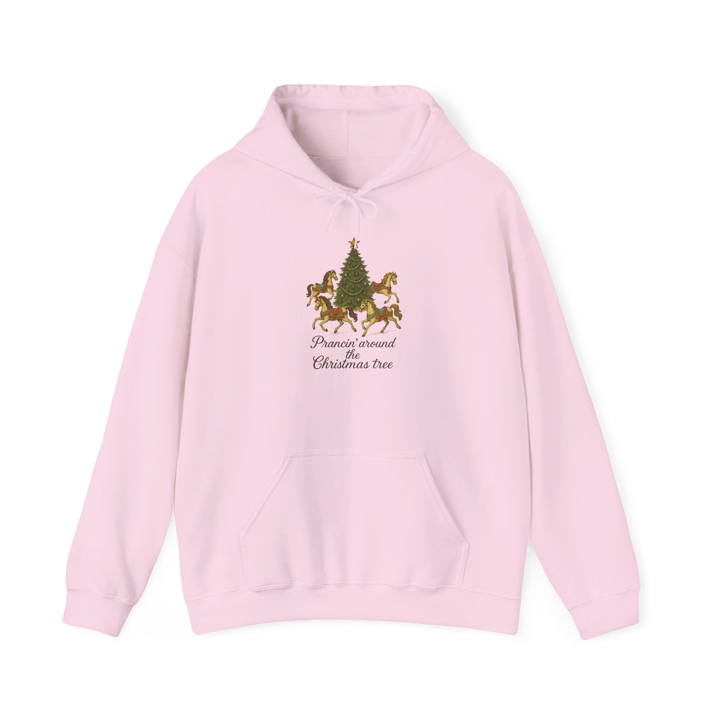 Prancin' Around the Christmas Tree Hoodie | Christmas Tree Carousel Hooded Sweatshirt | Cozy Holiday Clothing
