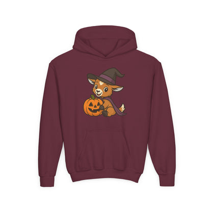 Youth Halloween 5 - Witchy Kid with Pumpkin Hoodie | Kids Witch Pullover | Cozy Pumpkin Hooded Sweatshirt